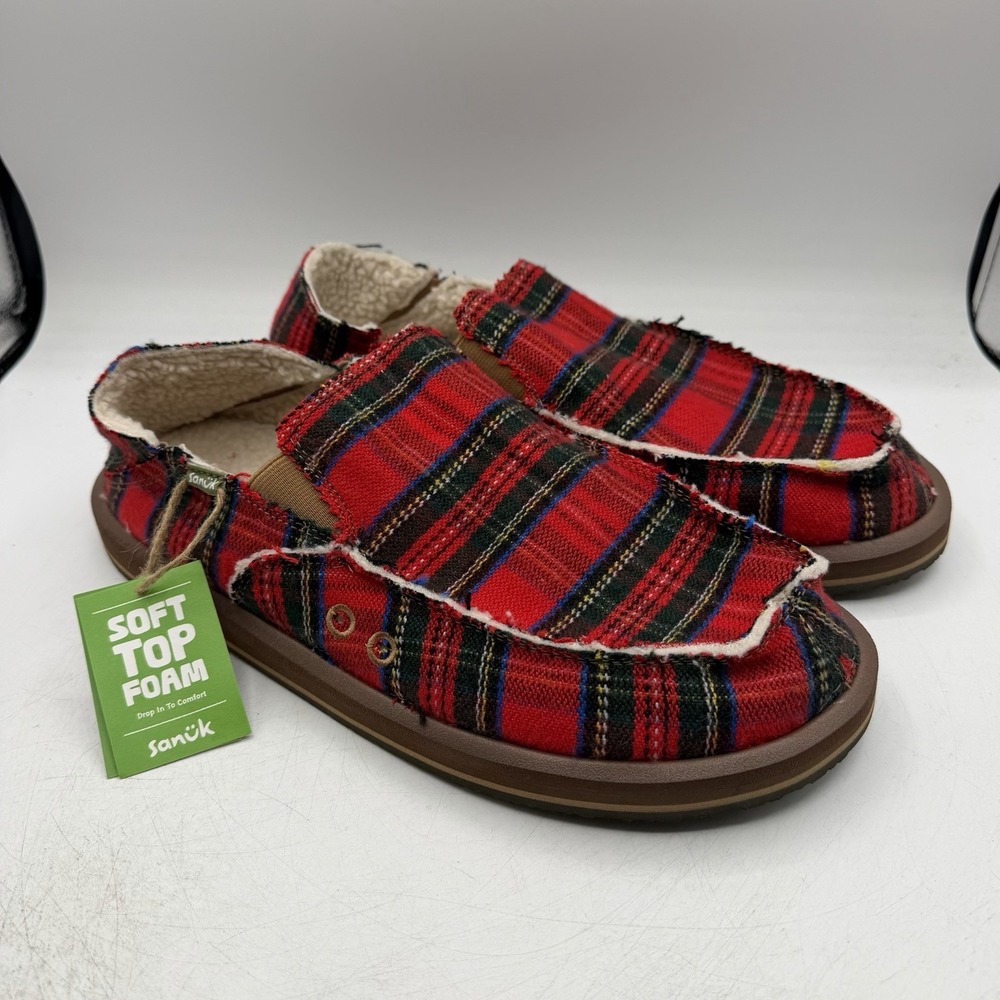 Sanuk Vagabond ST Plaid Chill Sidewalk Surfers Mens Sz 13 Red Tartan Shoe Loafer